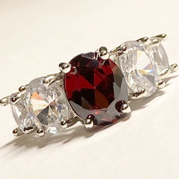 Silver Ruby Red Cubic Zirconia Anniversary Ring Size 7 Plated Simulated - Picture 1 of 8